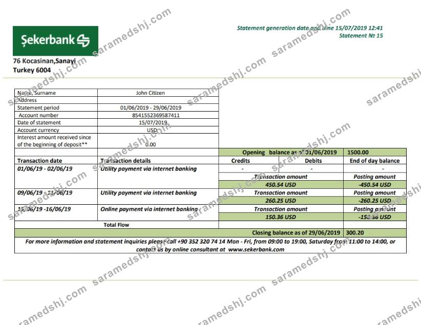 Turkey Sekerbank bank statement template in .doc and .pdf format, fully editable